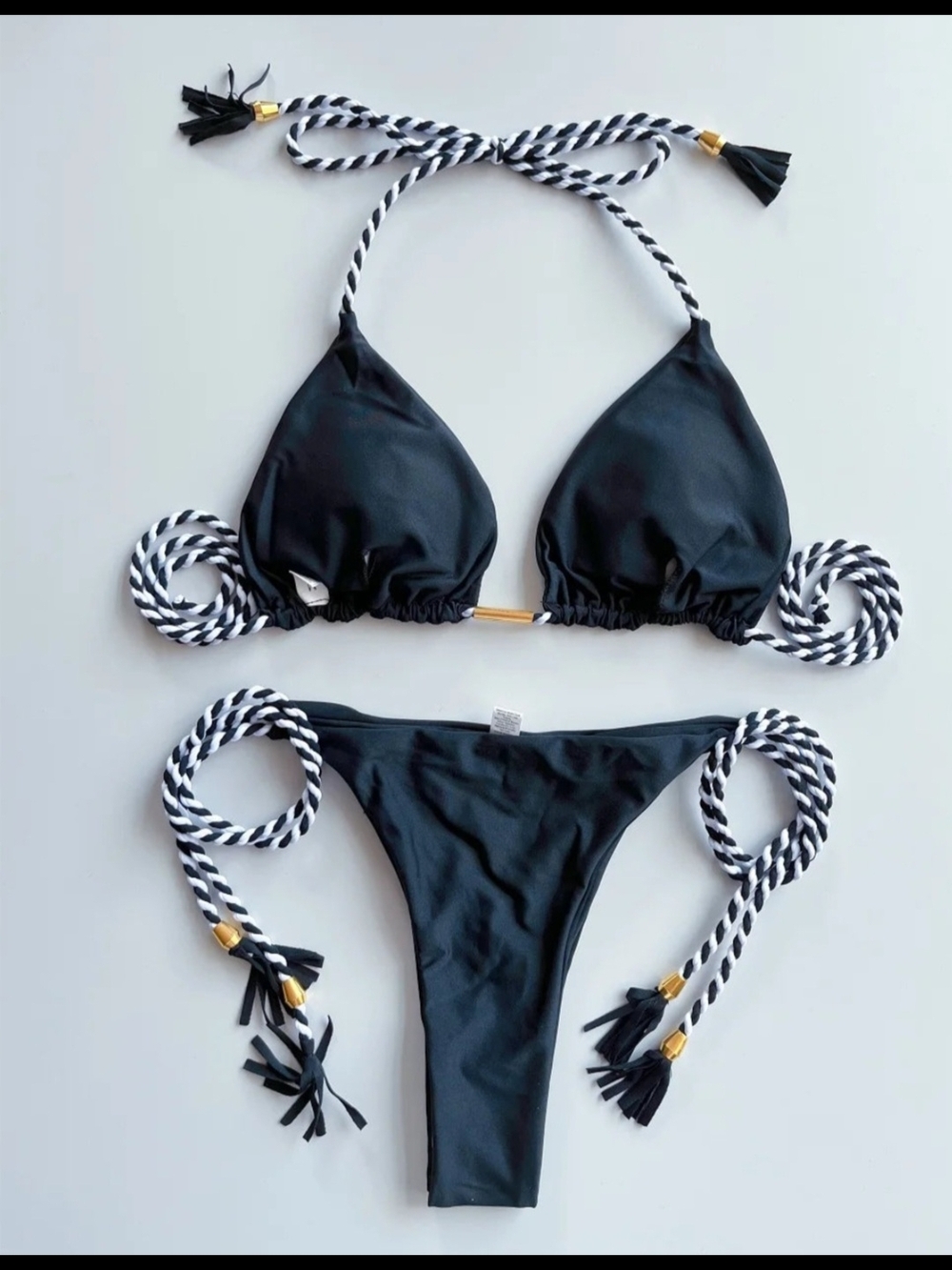 Classic Black Triangle Bikini with Striped Rope Ties